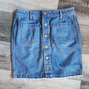 LOFT Women's Button Down Raw Hem Denim Skirt